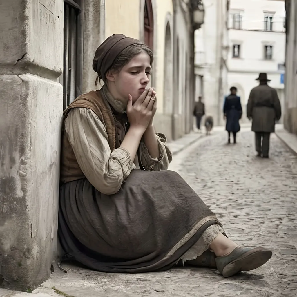 Prompt: poor young woman begging alone in a street of Lisbon, in the style of Klint, 1920's, high detail