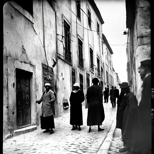 Prompt: poor people in a street of lisbon in 1920's