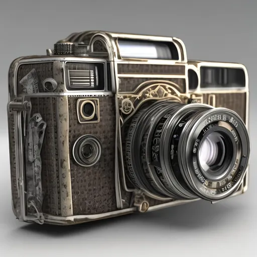 Prompt: ((photorealistic)) film camera made from pieces dating from 1930's to 2020's