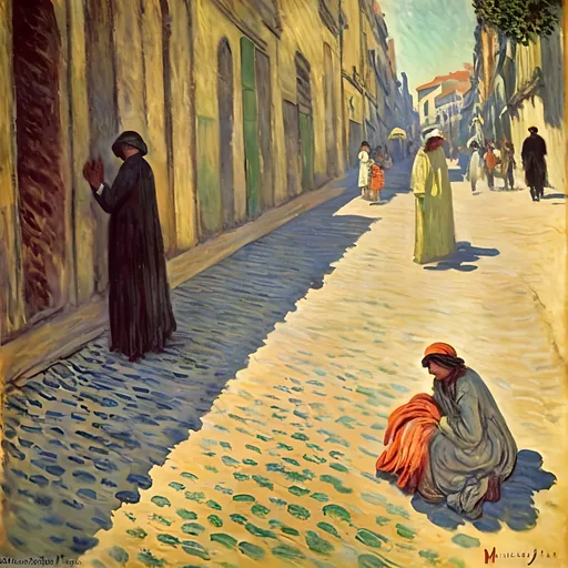 Prompt: poor young woman begging in a street of Lisbon, in the style of Monet, 1920's