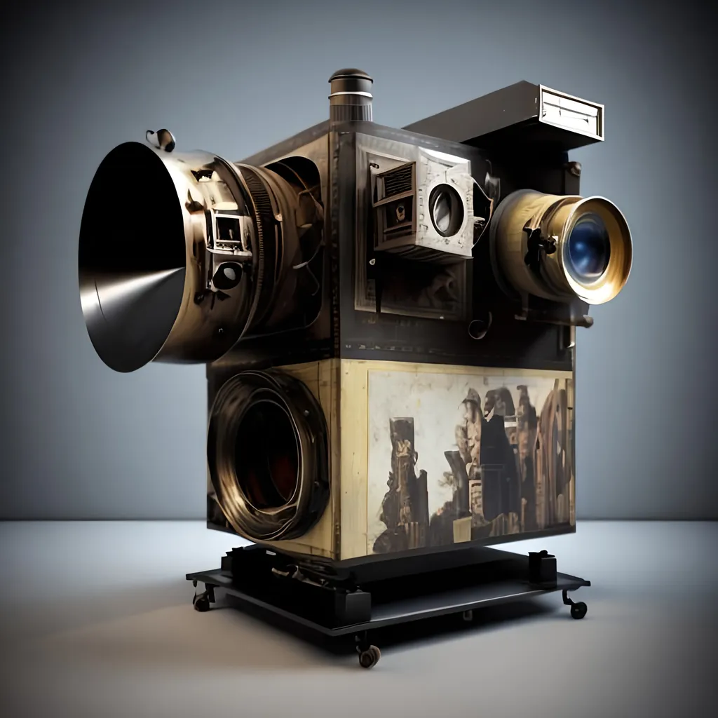 Prompt: ((photorealistic)) film projector made from pieces dating from 1930's to 2020's