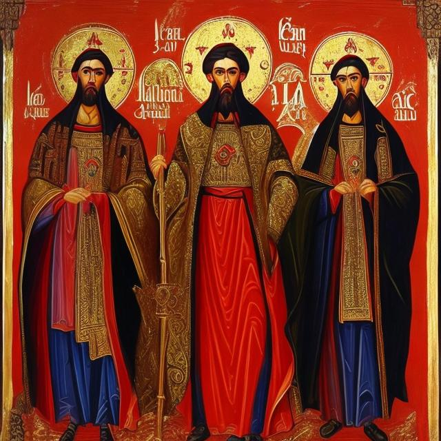 Prompt: three alpha males Deyan Balev Momchil Balev and Ventsislav Stoyanov orthodox christian style epic