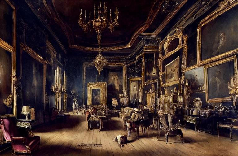 Prompt: A realistic image representing a 18th century grandiose Grand Saloon, Exibithion room without windows, dark/misty atmosphere. Filled with classical oil paintings hanging allover the walls almost filling the all the walls. The paintings are also on the floor, leaning on the bottom on the walls. The room should a bit of modern a modern style less ornamented like contemporary art museums with minimalistic interiors. Gloomy and dark lighting. It should look like the oil paintings: Charles X Distributing Awards to the Artists at the Close of the Salon of 1824. Castiglione and View of the Salon Carré at the Louvre, by Alexandre Brun.