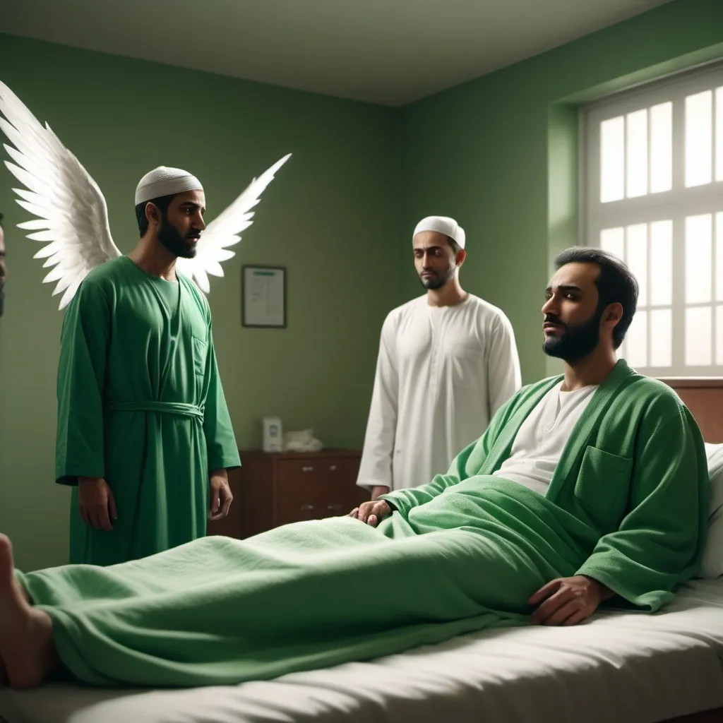 Prompt: Man muslim wear green on a bed Sick lying on his back and Two men stand next to him. in white robes with wings