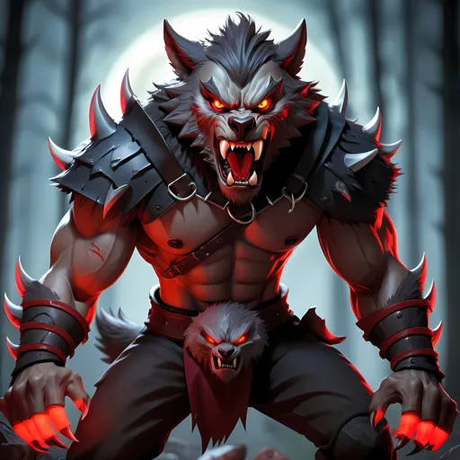 Prompt: Werewolf in warrior outfit with sharp claws, glowing red eyes