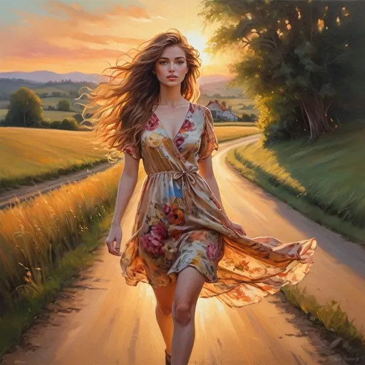 Prompt: Fashionable girl walking on a country road at sunset, warm sunlight accentuating her radiant beauty, oil painting, detailed floral dress with vibrant colors, flowing hair catching the golden glow, picturesque rural setting, high quality, oil painting, warm tones, detailed floral dress, radiant beauty, picturesque, sunset lighting, professional