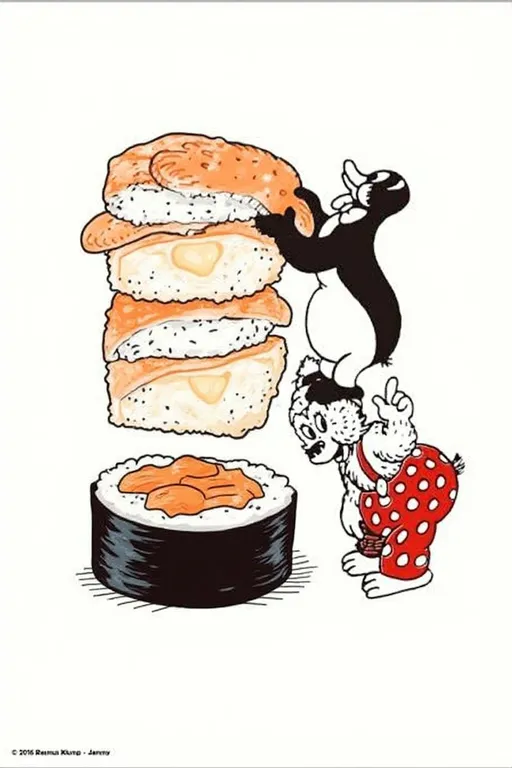 Prompt: replace the food in the illustration with sushi.
