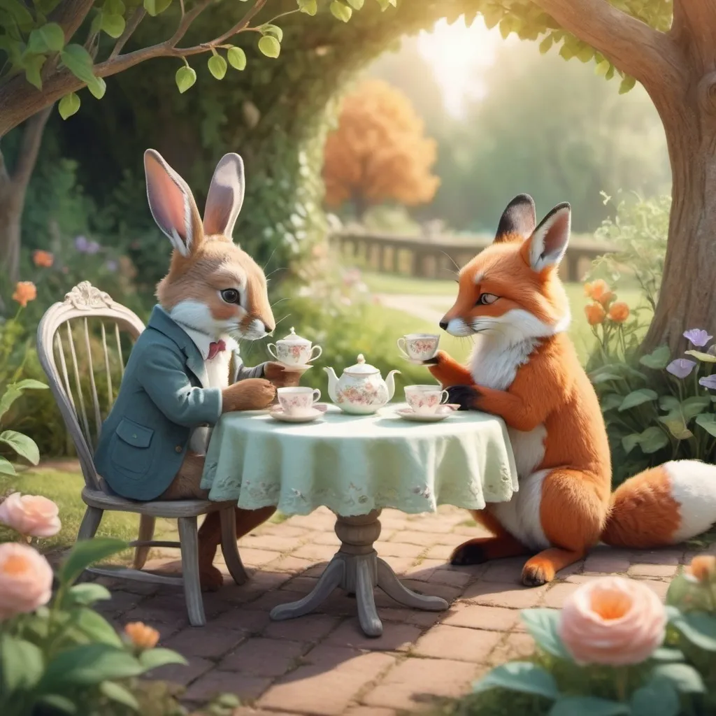 Prompt: the bunny and the fox are drinking tea