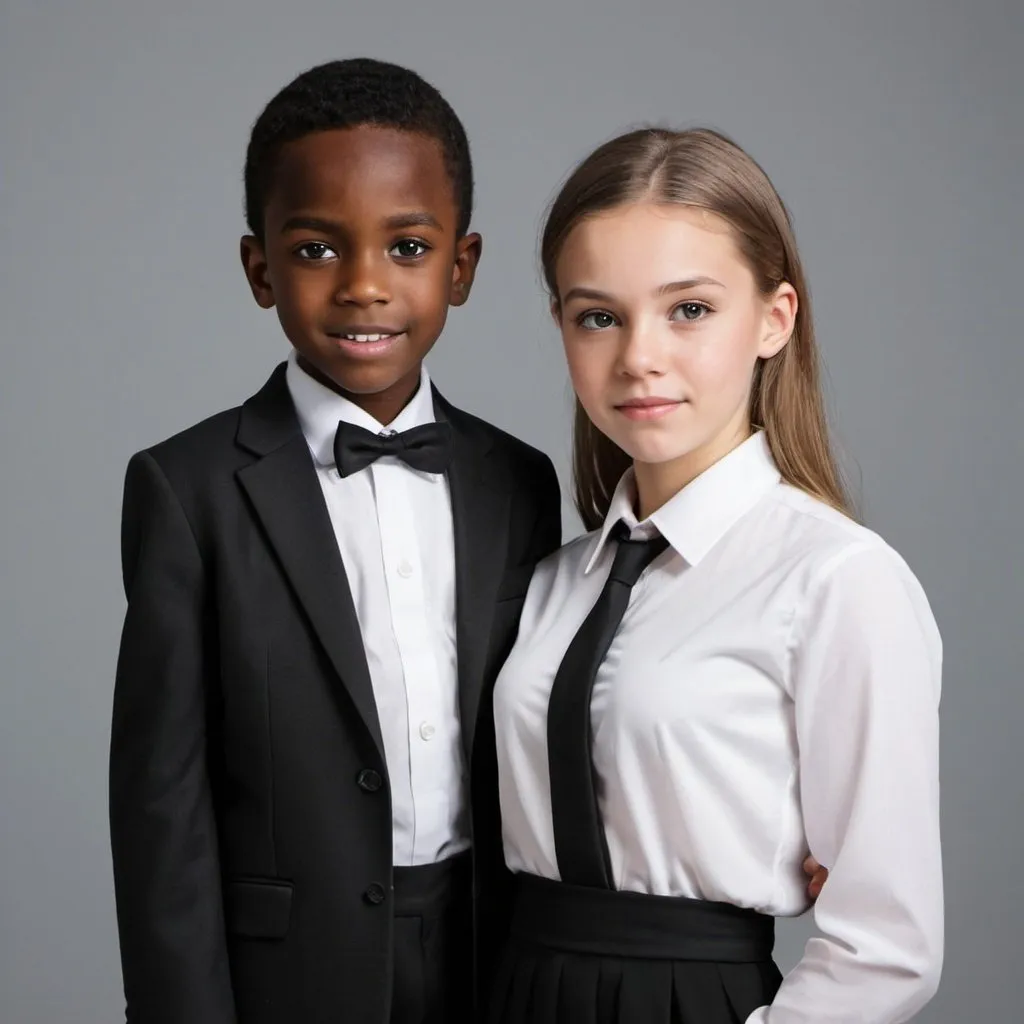 Prompt: black boy and white girl in formal business dress
