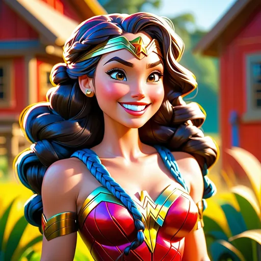 Prompt: Disney style Wonder Woman with braids, happy smile, vibrant colors, sunny, full view, farm, high quality, detailed, Disney style, vibrant colors, sunny, braids, happy smile, full view, farm setting, professional, natural lighting