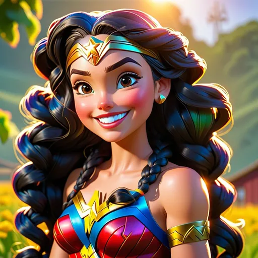 Prompt: Disney style Wonder Woman with braids, happy smile, vibrant colors, sunny, full view, farm, high quality, detailed, Disney style, vibrant colors, sunny, braids, happy smile, full view, farm setting, professional, natural lighting