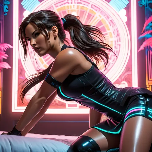 Prompt: Bodacious Lara Croft in a black dress, Ai-Mitsu, sots art, kneeling on a bed, legs crossed, head tilted, futuristic-vaporwave, detailed painting, official art, highres, ultra-detailed, sots art, detailed dress, intricate background, vibrant colors, neon lighting