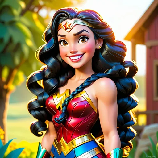 Prompt: Disney style Wonder Woman with braids, happy smile, vibrant colors, sunny, full view, farm, high quality, detailed, Disney style, vibrant colors, sunny, braids, happy smile, full view, farm setting, professional, natural lighting