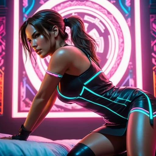 Prompt: Bodacious Lara Croft in a black dress, Ai-Mitsu, sots art, kneeling on a bed, legs crossed, head tilted, futuristic-vaporwave, detailed painting, official art, highres, ultra-detailed, sots art, detailed dress, intricate background, vibrant colors, neon lighting