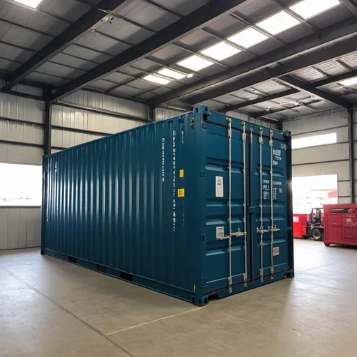 Prompt: a photo of a 40 foot high cube container with opening inside a factory with 14 feet garage door and concrete floor