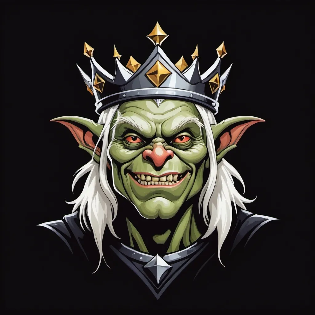 Prompt: sports team logo art of mean smirking goblin king wearing crown black background


