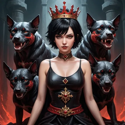 Prompt: dark short hair queen of the underworld with Cerberus