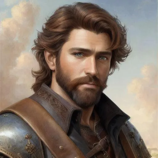 Prompt: Realistic oil painting of adult fantasy medieval male adventurer with brown eyes, forty years old, tan skin, long auburn wavy hair, full beard on face,  wearing old leather clothing, hypermasculine, 8k, sharp focus, studio photo, intricate details, highly detailed