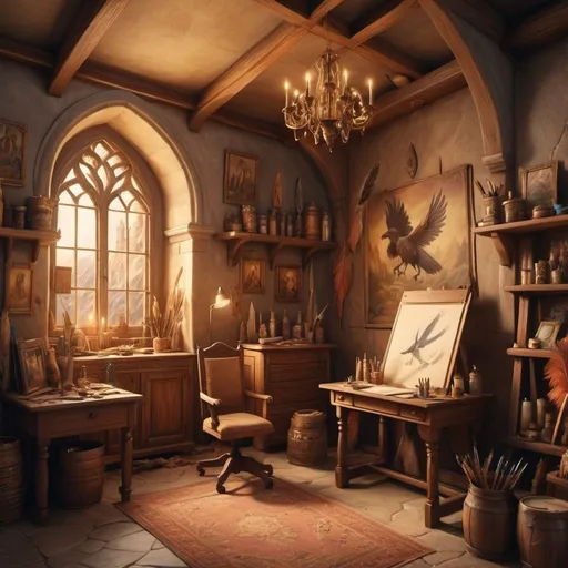 Prompt: painter room in the Cair Paravel castle from Narnia, flying pens and feathers, cozy, 4k, whimsical, warm tones, magical lighting, detailed brushes, vintage aesthetic, cozy atmosphere, Narnia colors, magical, painterly, flying elements, enchanting, imaginative, cozy setup