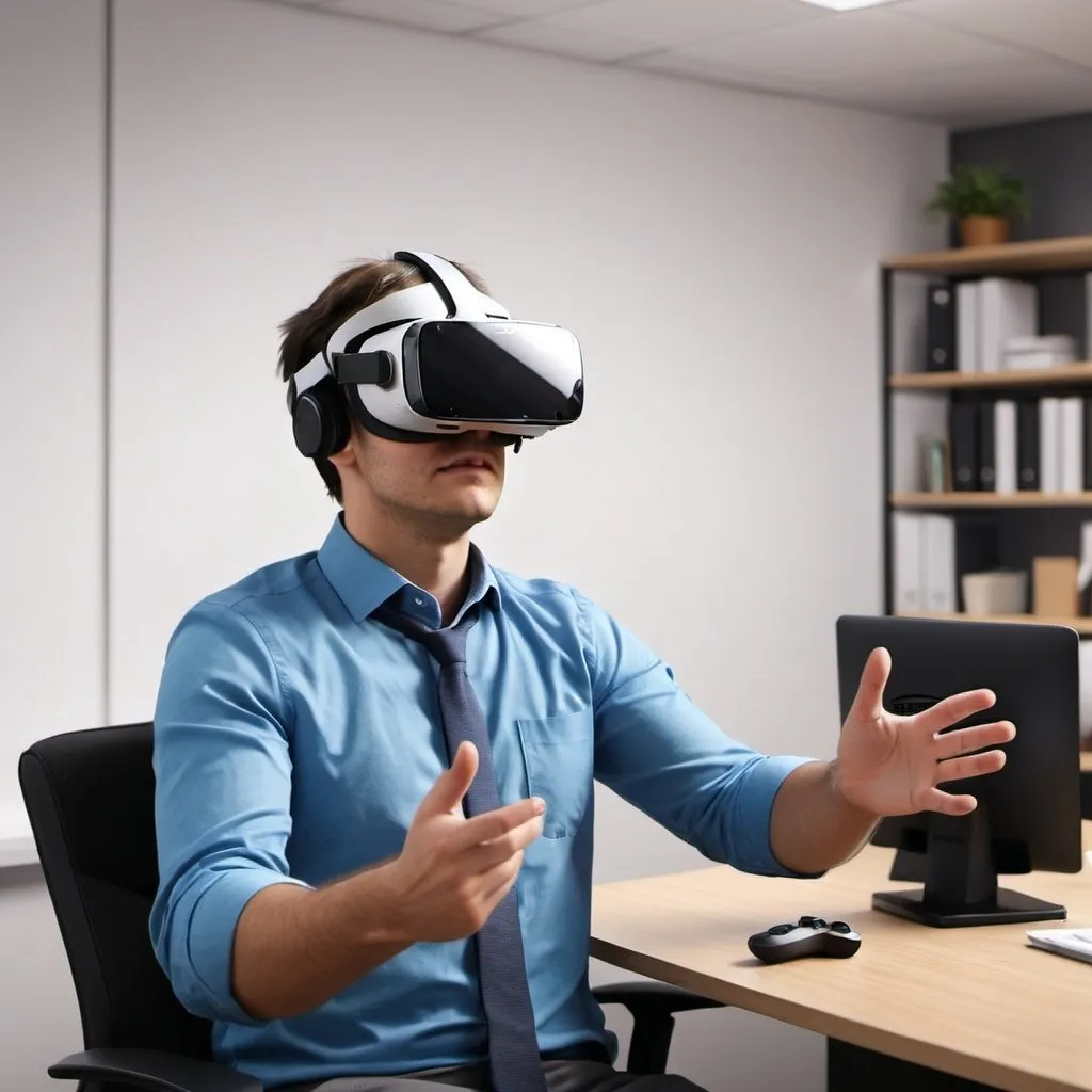 Prompt: create an image of an office employee using vr to go to a relaxing environment
