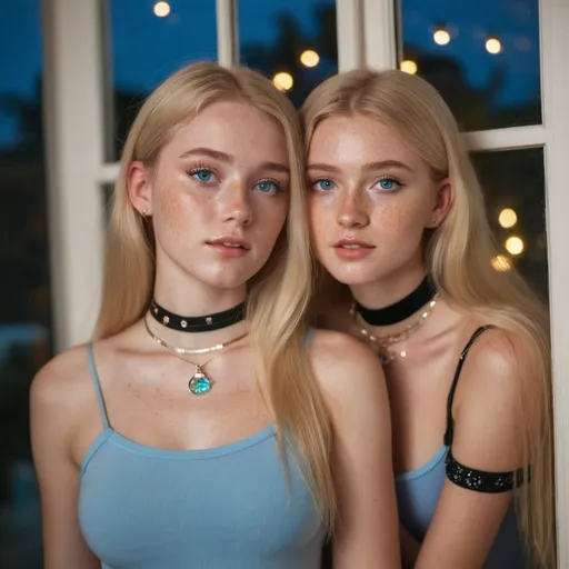 Prompt: 2 girls, 16, long blonde hair, blue eyes, on vacation, short tight clothes, bodysuit, bright lights, freckles, alluring, beautiful, fancy villa window, jewelry, chokers, 50mm aperture,  cottagecore, close up