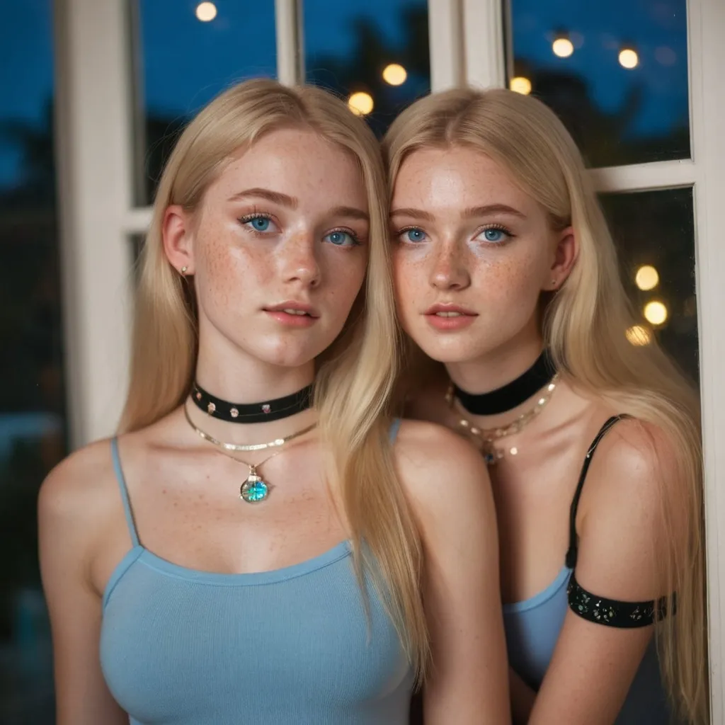 Prompt: 2 girls, 16, long blonde hair, blue eyes, on vacation, short tight clothes, bodysuit, bright lights, freckles, alluring, beautiful, fancy villa window, jewelry, chokers, 50mm aperture,  cottagecore, close up