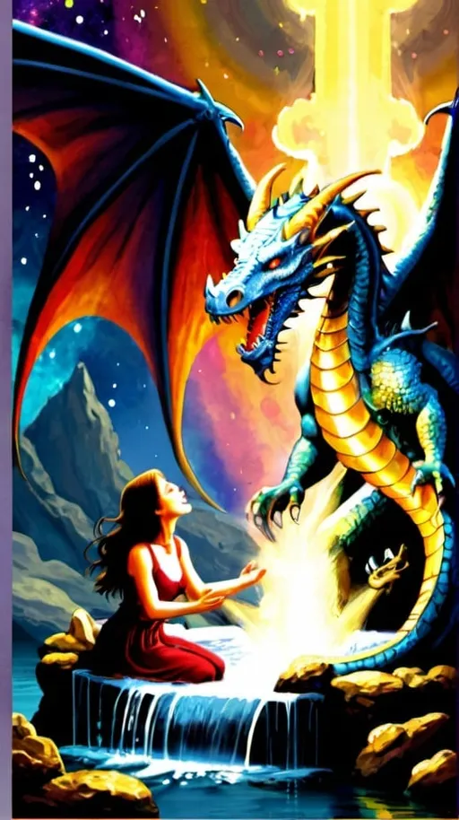 Prompt: The treasure exploded from his fountain of cosmic praise. Her songs kissed the dragons