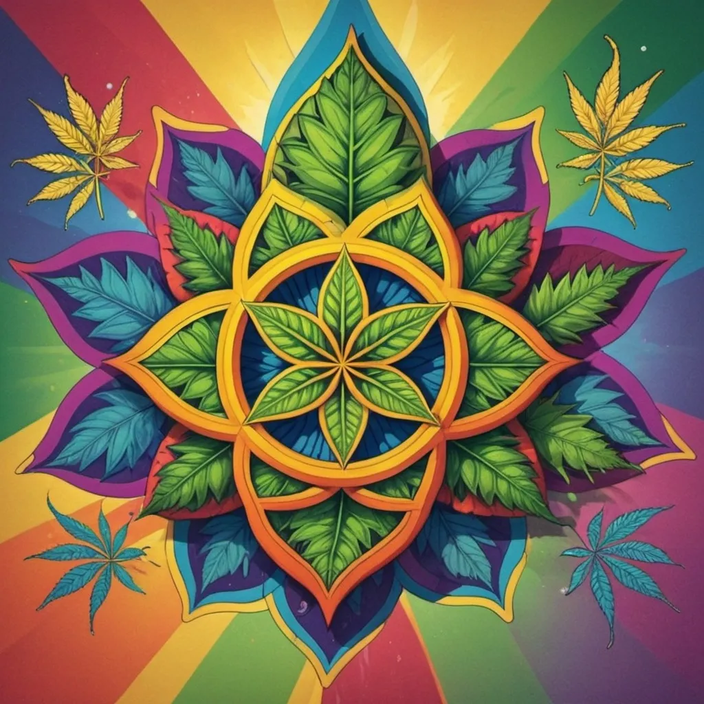 Prompt: Labubu with sunshine and psychedelic rainbow Ganja sacred geometry leaves