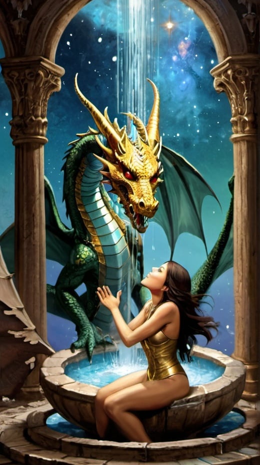 Prompt: The treasure exploded from his fountain of cosmic praise. Her songs kissed the dragons