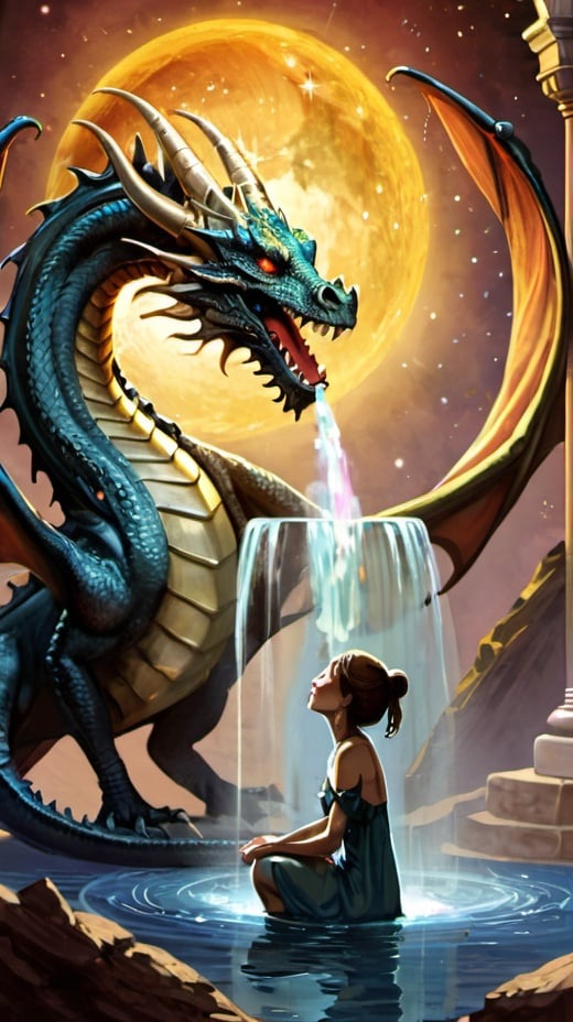 Prompt: The treasure exploded from his fountain of cosmic praise. Her songs kissed the dragons