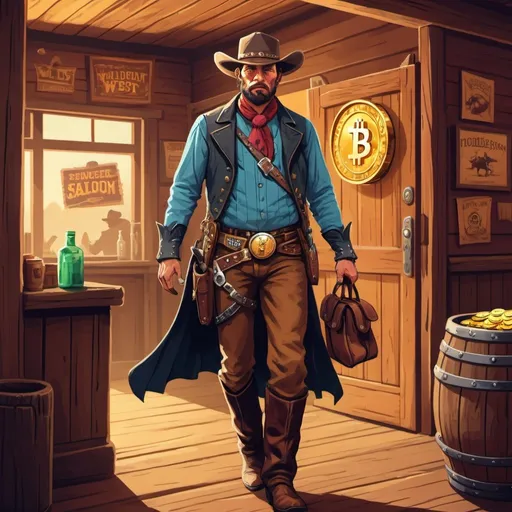 Prompt: Generate a colorful illustration depicting a stranger entering a Wild West saloon, with his saddlebags full of bitcoins, and bandits inside the saloon glaring at him menacingly.