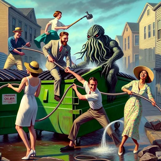 Prompt: neighbors cleaning a dumpster with water hoses fun, daylight, gucci style. creepy cthulhu.