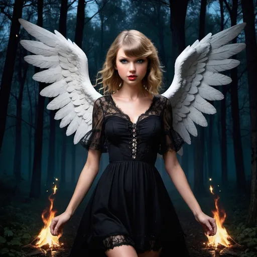 Prompt: Gothic angel in the forest at night with fire flies Taylor swift