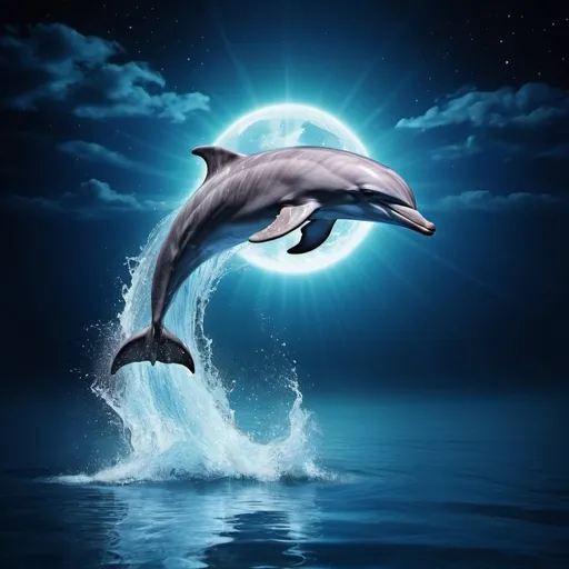 Prompt: Mystical dolphin jumping out of the water at night new age 