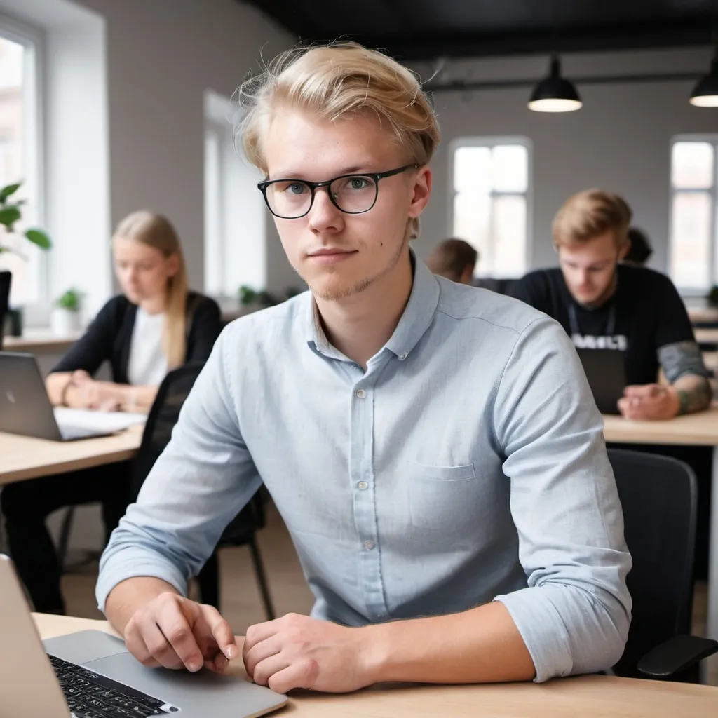 Prompt: smart young scandinavian man working as a technical intern for a startup