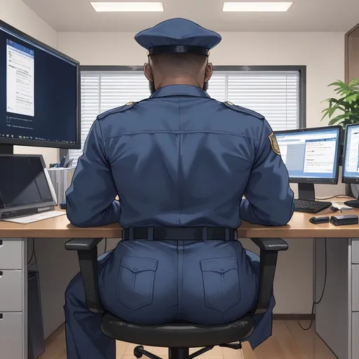 Prompt: Bearded Arab muscular, dark skin man. Police officer. Sitting at his office. Typing on his computer. Uniform.  Rear view