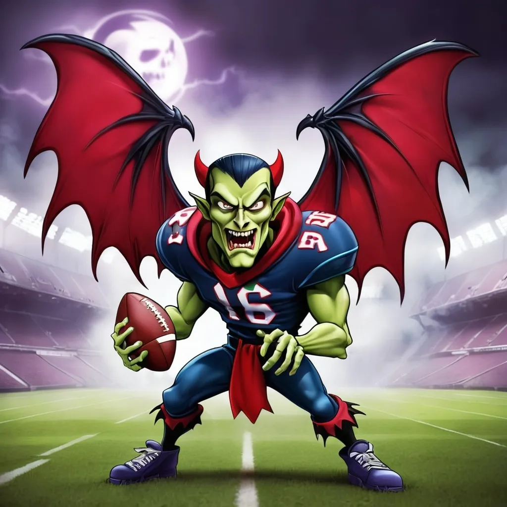 Prompt: Create a logo for a vampire-themed Blood Bowl team called 'Coffin Crushers.' The logo should be in a style reminiscent of the Scooby-Doo cartoon, featuring a cartoonish vampire character with a playful yet spooky expression. The vampire is wearing a football helmet with sharp, bat-like wings extending from the sides. The vampire should have exaggerated features like pointy fangs and glowing eyes, all while holding a football. The background should include elements like coffins, and eerie mist, and the team name 'Coffin Crushers' should be in a bold, spooky font typical of the Scooby-Doo style.