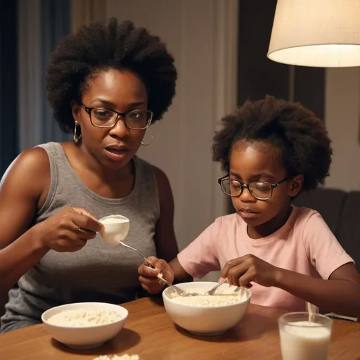 Prompt: Black woman with glasses eating porridge with daughter in the sitting room putting sugar at night with light bulb on, mirror and TV off