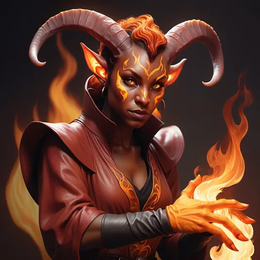 Prompt: hyper-realistic Tiefling character with fire hands, fantasy character art, illustration, dnd, warm tone