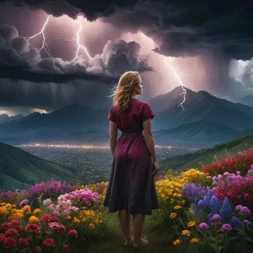 Prompt: (Woman standing on a hill), surrounded by a vibrant array of flowers, gazing towards majestic mountains, dark storm clouds looming overhead, flashes of lightning illuminating the scene, dramatic atmosphere, intense contrast between the colors of the flowers and the imposing clouds, (highly detailed), (4K resolution), capturing a sense of awe and empowerment against nature's fury.