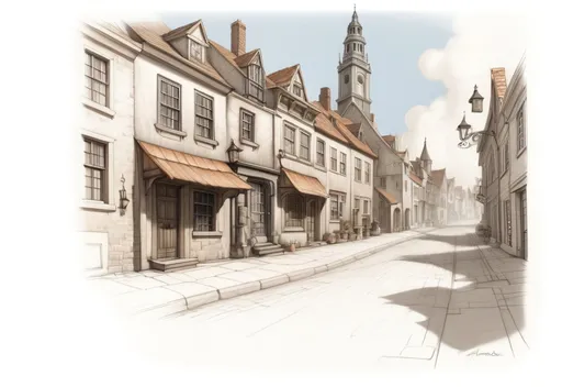 Prompt: a drawing of a street with a clock tower in the background and a row of houses on the side, Abraham Storck, fantasy art, matte drawing, a matte painting