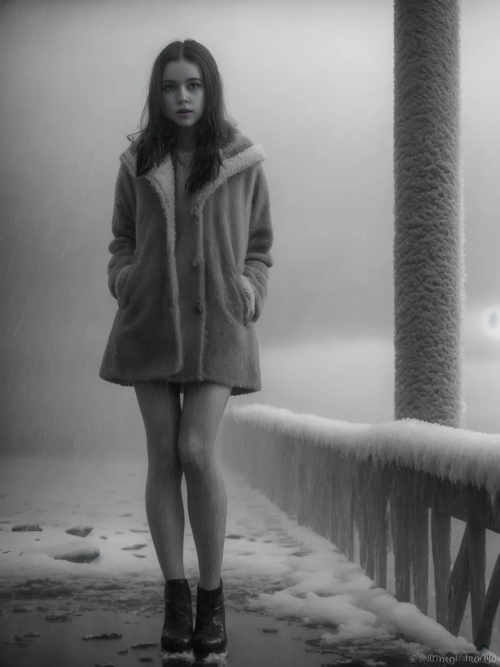 Prompt: a tall slim young brunette-haired naughty cheerfull girl aged 18 and over with very cold bare legs during a harsh icy foggy frost Heavy storm, heavy rain. Dark clouds.  dramatic light, dreamlike light, photorealism, ultra detail, 'rule of thirds' ,cinematic light, black and white only, ilford paper, 100mm, f 2.4 --ar 6:9 --testp --style raw