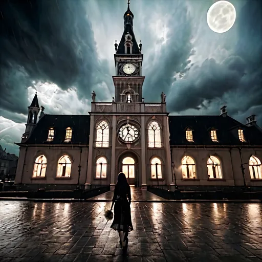 Prompt: Black and white street photography in an old town, capturing the timeless charm of historical buildings. to the right of the center a Gothic styled young girl with freckles with a resemblance to wednesday adams, holding a bunch of wildflowers. Long detached hair wind-blown. wearing a  sheer see-through dress without underwear. location ::  a building with a clock on the front of it at night with a full moon in the sky above, Evgeny Lushpin, baroque, unreal engine render, a flemish Baroque. Heavy storm, heavy rain. Dark clouds.  dramatic light, dreamlike light, photorealism, ultra detail, 'rule of thirds' ,cinematic light, black and white only, ilford paper, 100mm, f 2.4 --ar 6:9 --testp --style raw