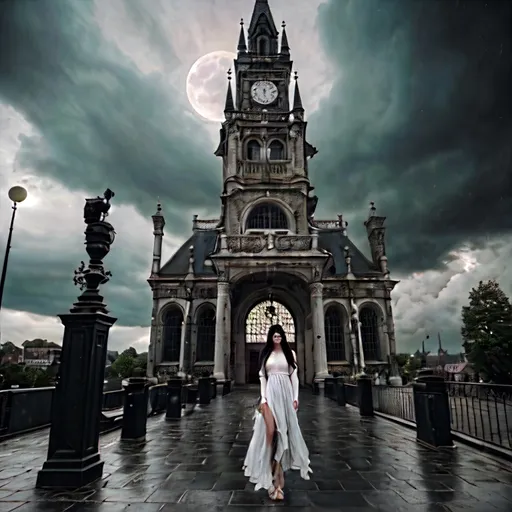 Prompt: Black and white street photography in an old town, capturing the timeless charm of historical buildings. to the right of the center a Gothic styled young girl with freckles with a resemblance to wednesday adams, holding a bunch of wildflowers. Long detached hair wind-blown. wearing a  sheer see-through dress without underwear. location ::  a building with a clock on the front of it at night with a full moon in the sky above, Evgeny Lushpin, baroque, unreal engine render, a flemish Baroque. Heavy storm, heavy rain. Dark clouds.  dramatic light, dreamlike light, photorealism, ultra detail, 'rule of thirds' ,cinematic light, black and white only, ilford paper, 100mm, f 2.4 --ar 6:9 --testp --style raw