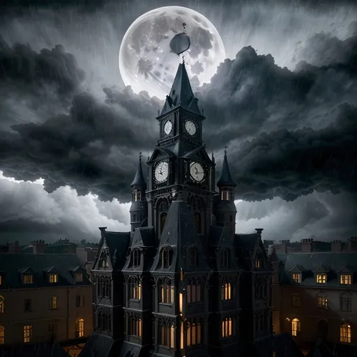 Prompt: a building with a clock on the front of it at night with a full moon in the sky above, Evgeny Lushpin, baroque, unreal engine render, a flemish Baroque. Mystical, hoffific, ghothic scene.Heavy storm, heavy rain. Dark clouds.  Dramatic light, photorealism, ultra detail, black and white only, ilford paper, 100mm, f 2.4 --ar 6:9 --testp --style raw