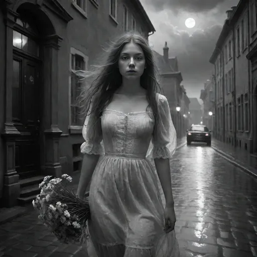 Prompt: Black and white street photography in an old town, capturing the timeless charm of historical buildings. to the right of the center a Gothic styled young girl with freckles with a resemblance to wednesday adams, holding a bunch of wildflowers. Long detached hair wind-blown. wearing a  sheer see-through dress without underwear. location ::  a building with a clock on the front of it at night with a full moon in the sky above, Evgeny Lushpin, baroque, unreal engine render, a flemish Baroque. Heavy storm, heavy rain. Dark clouds.  dramatic light, dreamlike light, photorealism, ultra detail, 'rule of thirds' ,cinematic light, black and white only, ilford paper, 100mm, f 2.4 --ar 6:9 --testp --style raw