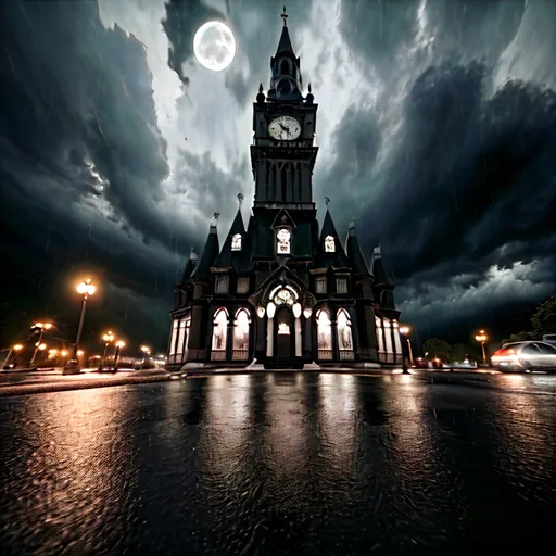 Prompt: Black and white street photography in an old town, capturing the timeless charm of historical buildings. to the right of the center a Gothic styled young girl with freckles with a resemblance to wednesday adams, holding a bunch of wildflowers. Long detached hair wind-blown. wearing a  sheer see-through dress without underwear. location ::  a building with a clock on the front of it at night with a full moon in the sky above, Evgeny Lushpin, baroque, unreal engine render, a flemish Baroque. Heavy storm, heavy rain. Dark clouds.  dramatic light, dreamlike light, photorealism, ultra detail, 'rule of thirds' ,cinematic light, black and white only, ilford paper, 100mm, f 2.4 --ar 6:9 --testp --style raw