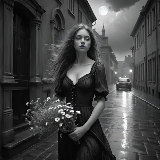 Prompt: Black and white street photography in an old town, capturing the timeless charm of historical buildings. to the right of the center a Gothic styled young girl with freckles with a resemblance to wednesday adams, holding a bunch of wildflowers. Long detached hair wind-blown. wearing a  sheer see-through dress without underwear. location ::  a building with a clock on the front of it at night with a full moon in the sky above, Evgeny Lushpin, baroque, unreal engine render, a flemish Baroque. Heavy storm, heavy rain. Dark clouds.  dramatic light, dreamlike light, photorealism, ultra detail, 'rule of thirds' ,cinematic light, black and white only, ilford paper, 100mm, f 2.4 --ar 6:9 --testp --style raw