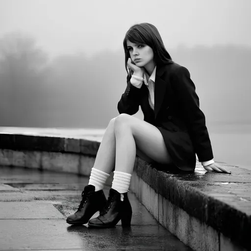 Prompt: a tall slim young brunette-haired naughty emo girl aged 18 and over with very cold bare legs sitting outside on concrete stones wearing very short black skirts ,white pelerine socks, flat black shoes , dark navy blazers and  during a harsh icy foggy frost Heavy storm, heavy rain. Dark clouds.  dramatic light, dreamlike light, photorealism, ultra detail, 'rule of thirds' ,cinematic light, black and white only, ilford paper, 100mm, f 2.4 --ar 6:9 --testp --style raw