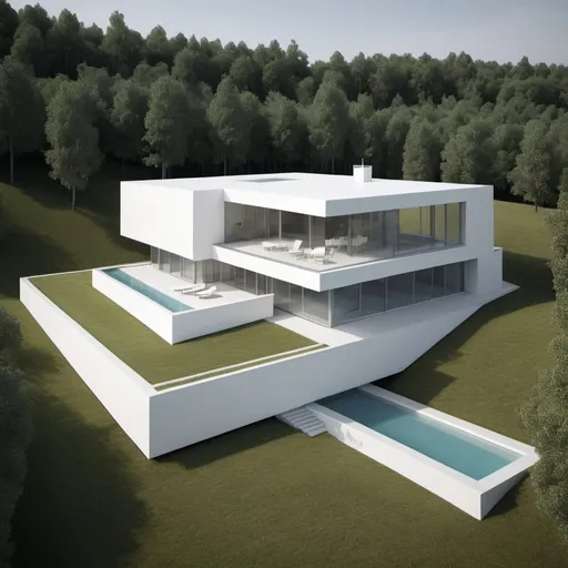 Prompt: Volumetric model of a giant modern house on an ultra-sloping plot of land. white